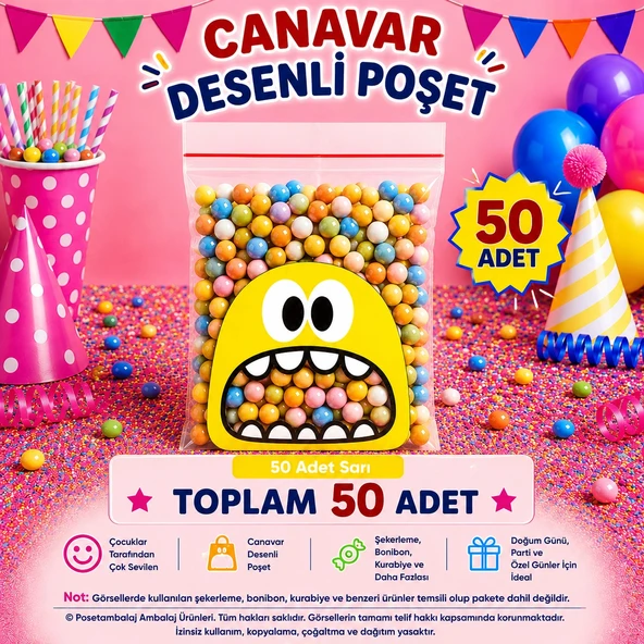 50 Adet Sarı Canavar Desenli Cake Pop & Kurabiye Poşeti-10x15 cm ürün görseli 1
