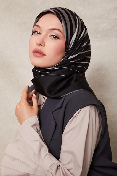 Şerit Desen Twill İpek Eşarp-0909 - Resim 7