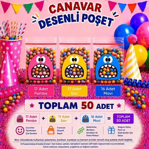 50 Adet Pembe-Sarı-Mavi Renkli Canavar Desenli Cake Pop & Kurabiye Poşeti-10x15 cm ürün görseli 1