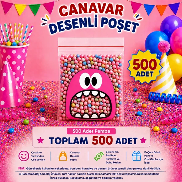500 Adet Pembe Canavar Desenli Cake Pop & Kurabiye Poşeti-10x15 cm ürün görseli 1