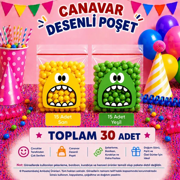 30 Adet Sarı-Yeşil Renkli Canavar Desenli Cake Pop & Kurabiye Poşeti-10x15 cm ürün görseli 1