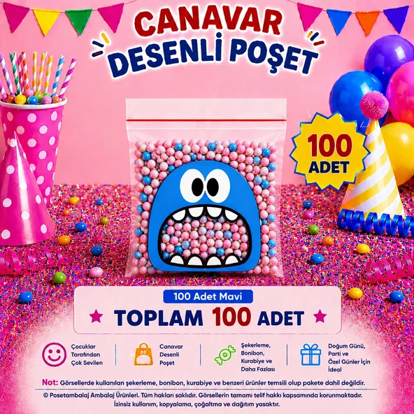 100 Adet Mavi Canavar Desenli Cake Pop & Kurabiye Poşeti-10x15 cm ürün görseli 1