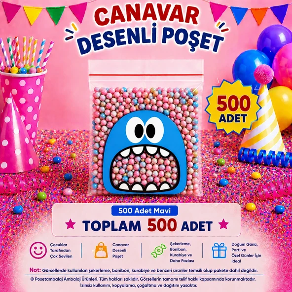 500 Adet Mavi Canavar Desenli Cake Pop & Kurabiye Poşeti-10x15 cm ürün görseli 1