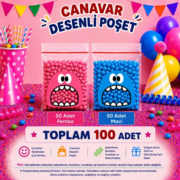 100 Adet Pembe-Mavi Renkli Canavar Desenli Cake Pop & Kurabiye Poşeti-10x15 cm ürün görseli 1