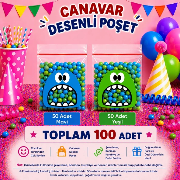 100 Adet Mavi-Yeşil Renkli Canavar Desenli Cake Pop & Kurabiye Poşeti-10x15 cm ürün görseli 1