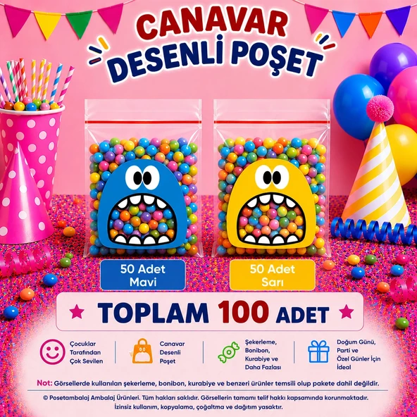 100 Adet Mavi-Sarı Renkli Canavar Desenli Cake Pop & Kurabiye Poşeti-10x15 cm ürün görseli 1