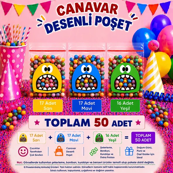 50 Adet Sarı-Mavi-Yeşil Renkli Canavar Desenli Cake Pop & Kurabiye Poşeti-10x15 cm ürün görseli 1
