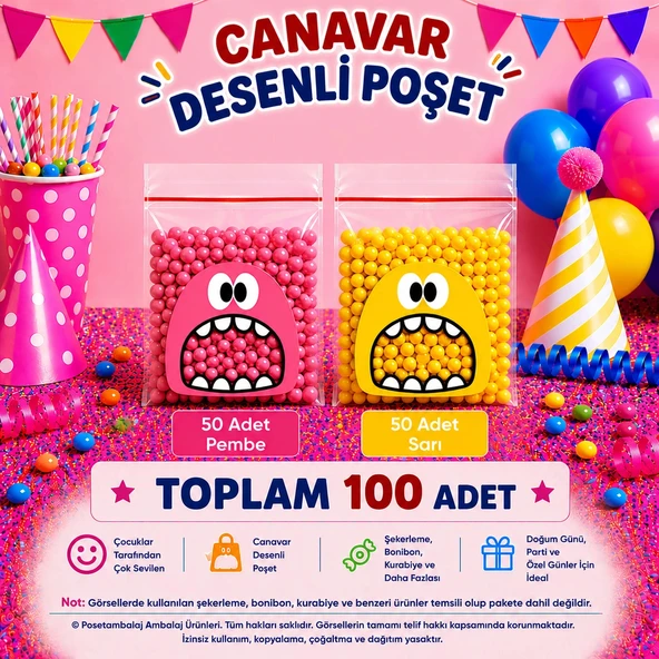 100 Adet Pembe-Sarı Renkli Canavar Desenli Cake Pop & Kurabiye Poşeti-10x15 cm ürün görseli 1