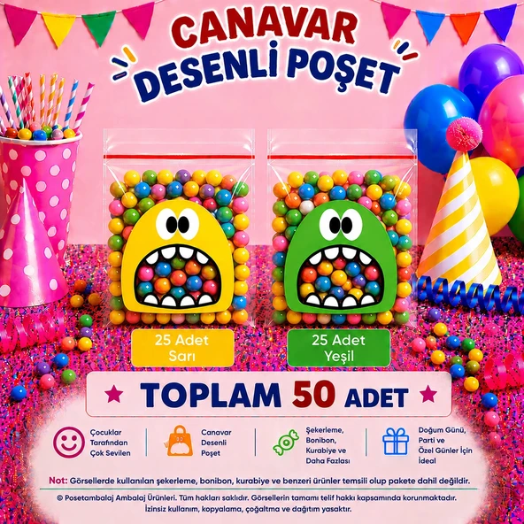 50 Adet Sarı-Yeşil Renkli Canavar Desenli Cake Pop & Kurabiye Poşeti-10x15 cm ürün görseli 1