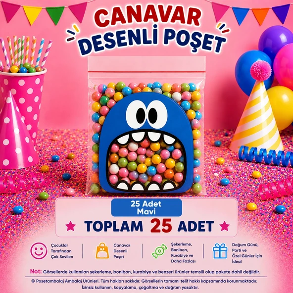 25 Adet Mavi Canavar Desenli Cake Pop & Kurabiye Poşeti-10x15 cm ürün görseli 1