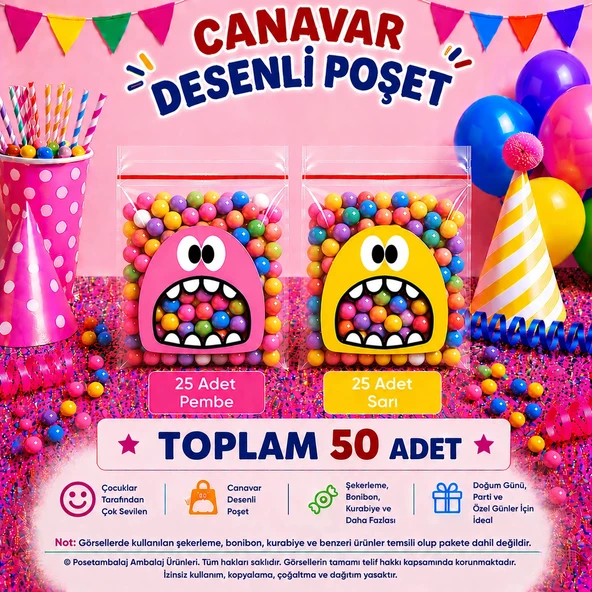 50 Adet Pembe-Sarı Renkli Canavar Desenli Cake Pop & Kurabiye Poşeti-10x15 cm ürün görseli 1