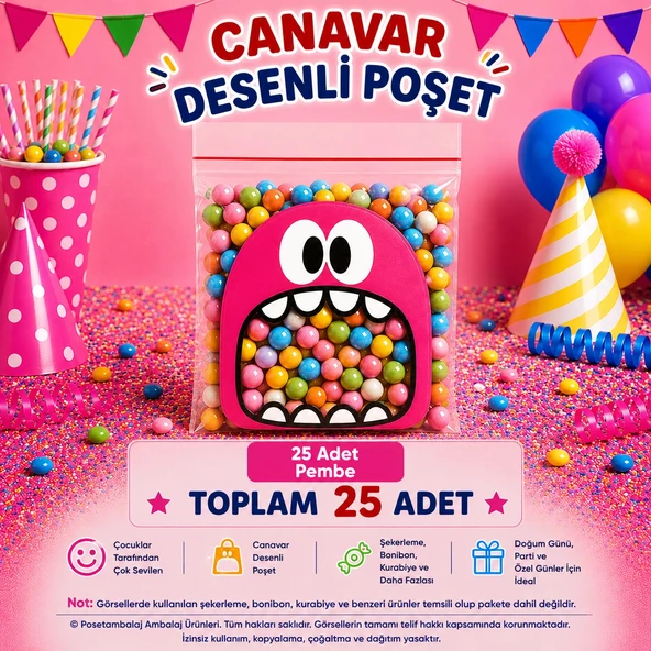 25 Adet Pembe Canavar Desenli Cake Pop & Kurabiye Poşeti-10x15 cm ürün görseli 1
