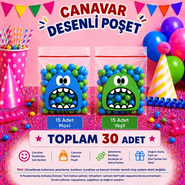 30 Adet Mavi-Yeşil Renkli Canavar Desenli Cake Pop & Kurabiye Poşeti-10x15 cm ürün görseli 1
