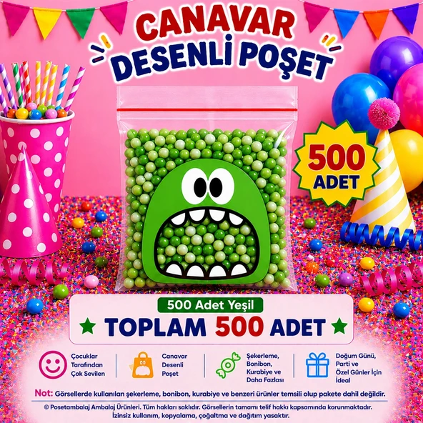 500 Adet Yeşil Canavar Desenli Cake Pop & Kurabiye Poşeti-10x15 cm ürün görseli 1