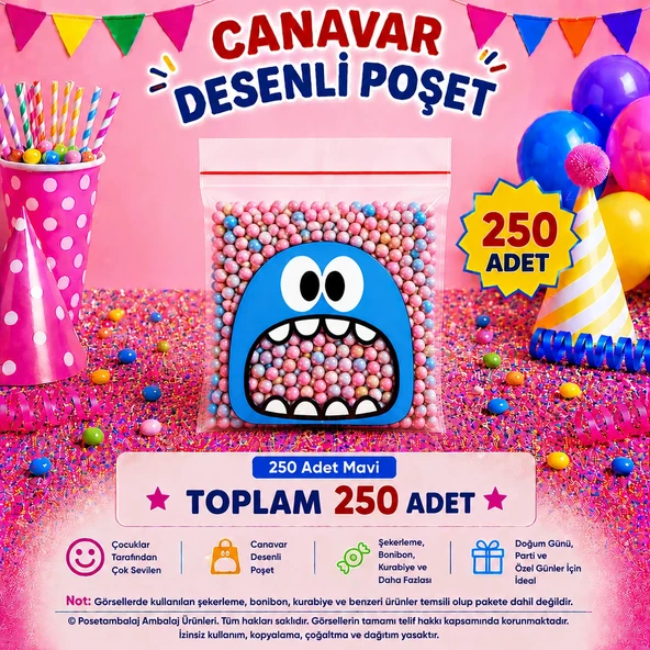 250 Adet Mavi Canavar Desenli Cake Pop & Kurabiye Poşeti-10x15 cm ürün görseli 1