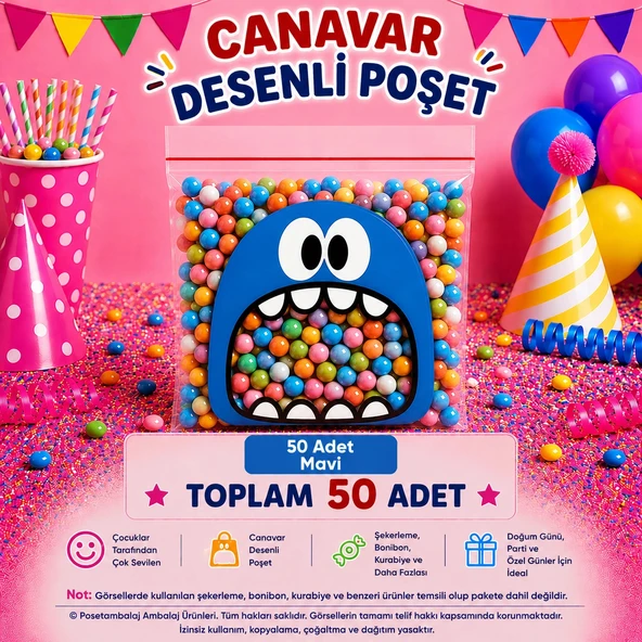 50 Adet Mavi Canavar Desenli Cake Pop & Kurabiye Poşeti-10x15 cm ürün görseli 1