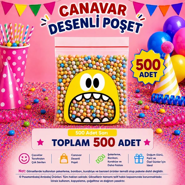 500 Adet Sarı Canavar Desenli Cake Pop & Kurabiye Poşeti-10x15 cm ürün görseli 1
