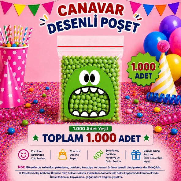 1.000 Adet Yeşil Canavar Desenli Cake Pop & Kurabiye Poşeti-10x15 cm ürün görseli 1