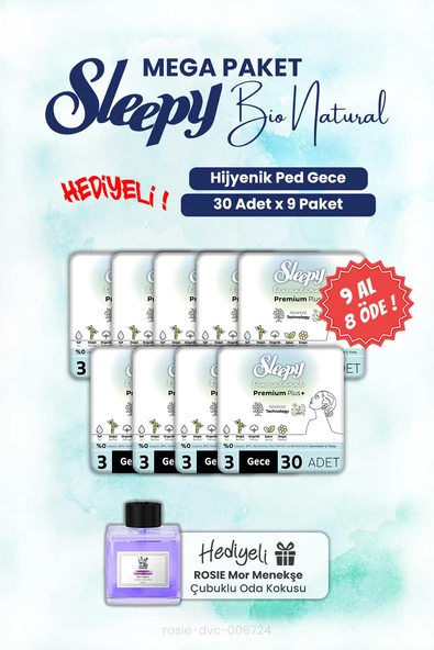 9 AL 8 ÖDE Sleepy Bio Natural Hijyenik Ped Gece 30'lu ve ROSIE oda kokusu ürün görseli 1