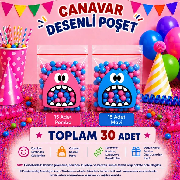 30 Adet Pembe-Mavi Renkli Canavar Desenli Cake Pop & Kurabiye Poşeti-10x15 cm ürün görseli 1