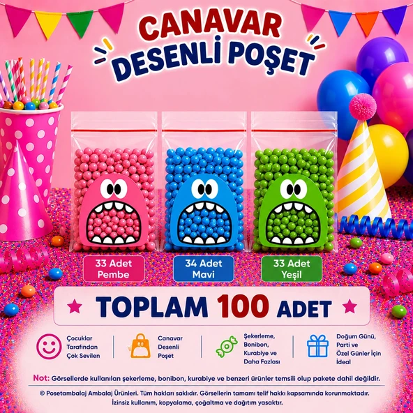 100 Adet Mavi-Pembe-Yeşil Renkli Canavar Desenli Cake Pop & Kurabiye Poşeti-10x15 cm ürün görseli 1