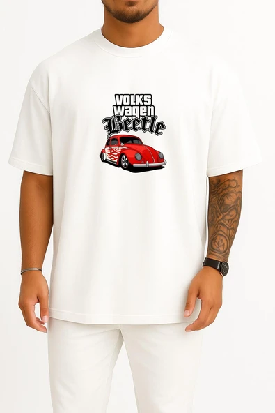 Oversize Vw Beetle Retro Alevli Göğüs Baskılı Unisex T-Shirt ürün görseli 1