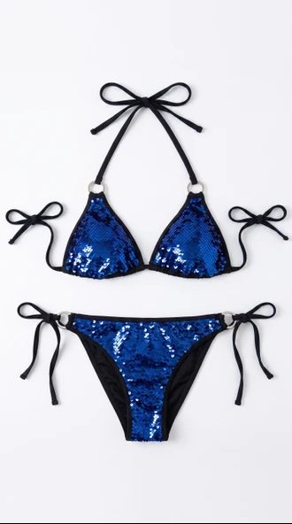 Siyah Mavi Pul Payetli Üçgen Bikini Takımı ürün görseli 1