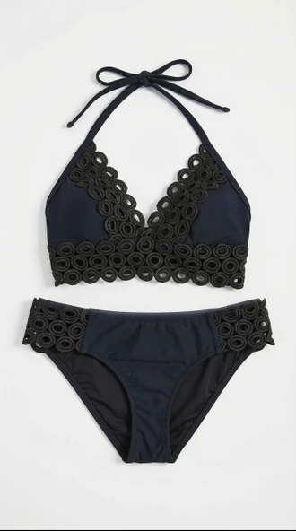 Siyah Dar Kalıp Halka Örgü Detaylı Küçük Üçgen Bikini Takımı ürün görseli 1