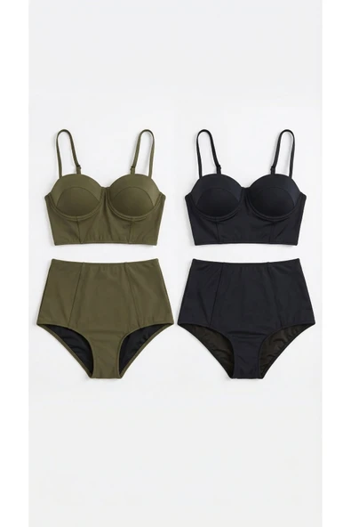 Haki -Siyah 2 Renk 1 Paket 2 Yüksek Bel Bikini Takımı ürün görseli 1