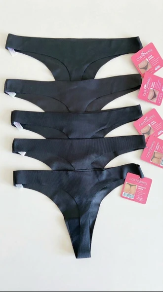 Siyah 5 Adet 1 Paket Basic Klasik Lazer Kesim Kadın Tanga Külot ürün görseli 1