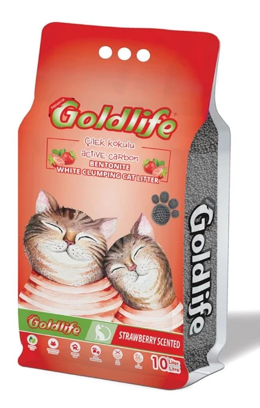 Goldlife Aktif Karbonlu Çilek Kokulu Topaklanan Bentonit İnce Taneli Kedi Kumu 10 Lt ürün görseli 1