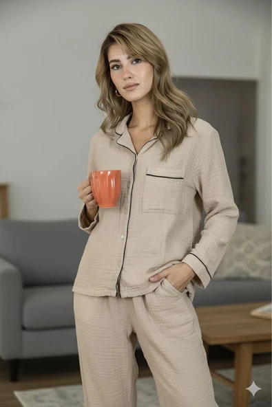 Varol %100 Pamuk Müslin Kadın Pijama Takımı - BEJ ürün görseli 1