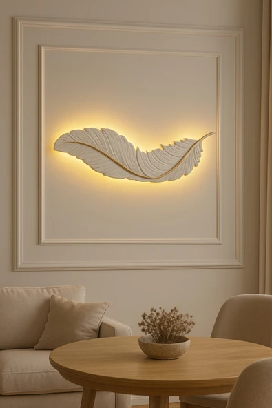 ASZEN Dekoratif Beyaz Gold Kuş Tüyü Aplik – 67×26 cm – 9W Pilli – Her Yöne Asılabilir ürün görseli 1