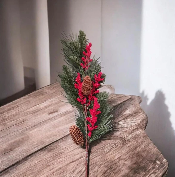 Yapay Çiçek Kokina ve Çam Dalı Uzun Dal Kozalaklı 75cm Yılbaşı Çiçeği Pıtırcıklı (1 adet) ürün görseli 1