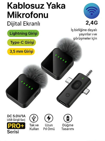 Lightining Type-C 3.5mm Uyumlu Dijital Ekranlı 2.4G Kablosuz Çift Yaka Mikrofonu Pro++ ürün görseli 1
