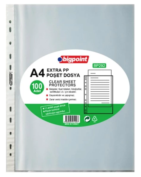 Bigpoint A4 Extra PP Poşet Dosya 100lü Paket ürün görseli 1