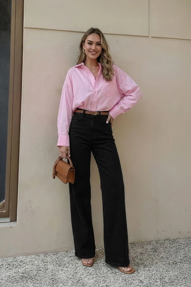 Kadın Yüksek Bel Likralı Wide Leg Siyah Jean Pantolon ürün görseli 1