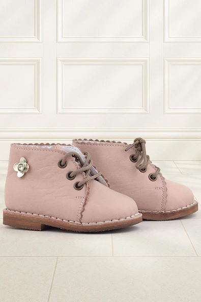 Rakerplus Handmade Hakiki Deri Pembe Çiçek Detaylı Bağcıklı Bebek Bot ürün görseli 1