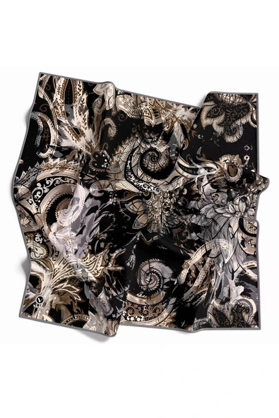 Twill Şal Desenli Gri Renkli 90x90 Eşarp (İpek İçermez) Kenar Dikiş Şekli El Dikişli ürün görseli 1
