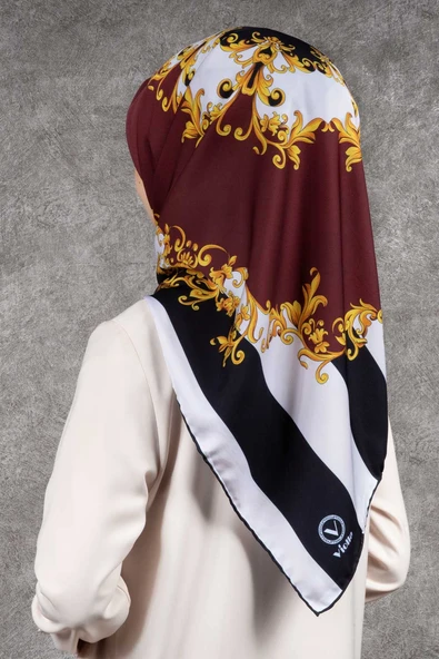 Twill Çizgili Barok Desenli Bordo - Siyah Renkli 90x90 Eşarp (İpek İçermez) Kenar Dikiş Şekli El Dikişli ürün görseli 1