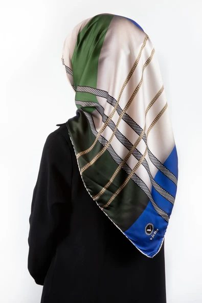 Twill Geometrik Desenli Zümrüt Yeşili - Saks Renkli 90x90 Eşarp (İpek İçermez) Kenar Dikiş Şekli El Dikişli ürün görseli 1