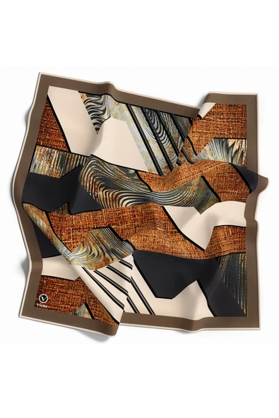 Twill Dalgalı Geometrik Desenli Vizon Renkli 90x90 Eşarp (İpek İçermez) Kenar Dikiş Şekli El Dikişli ürün görseli 1