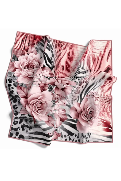 Twill Renkli Şerit Desenli Pudra Renkli 90x90 Eşarp (İpek İçermez) Kenar Dikiş Şekli El Dikişli ürün görseli 1
