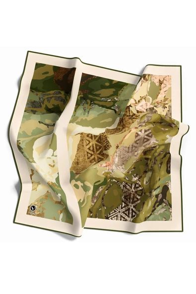 Twill Etnik ve Batik Desenli Haki Renkli 90x90 Eşarp (İpek İçermez) Dikim Şekli : El Dikişi ürün görseli 1