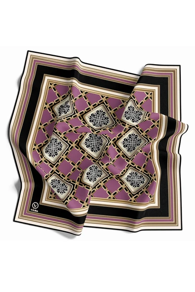 Twill Geometrik Ve Zincirli Desenli Pembe Renkli 90x90 Eşarp (İpek İçermez) Dikim Şekli : El Dikişi ürün görseli 1