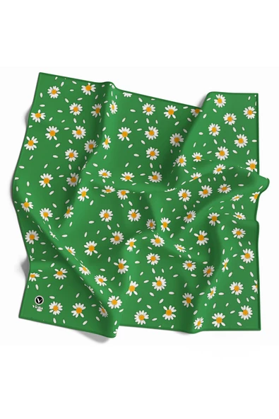 Twill Papatya Desenli Benetton Yeşili Renkli 90x90 Eşarp (İpek İçermez) Kenar Dikiş Şekli El Dikişli ürün görseli 1
