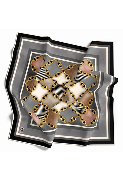 Twill Zincirli Geometrik Desenli Gümüş Renkli 90x90 Eşarp (İpek İçermez) Dikim Şekli : El Dikişi ürün görseli 1