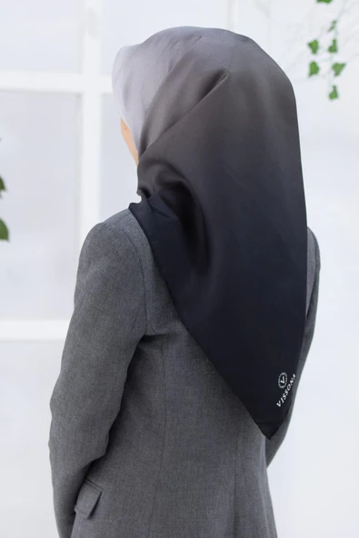 %100 Twill İpek Degrade Desenli Siyah - Gri Renkli 90x90 Eşarp Dikim Şekli : El Dikişi ürün görseli 1