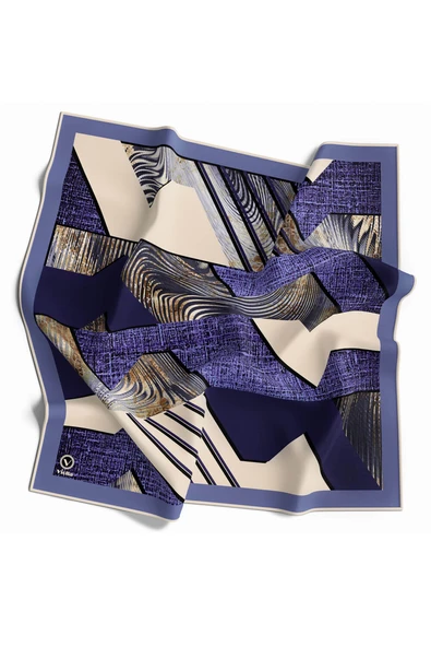 Twill Dalgalı Geometrik Desenli Saks Renkli 90x90 Eşarp (İpek İçermez) Kenar Dikiş Şekli El Dikişli ürün görseli 1
