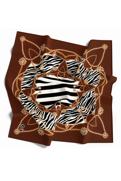 Twill Gold Detaylı Zebra Desenli Taba Renkli 90x90 Eşarp (İpek İçermez) Kenar Dikiş Şekli El Dikişli ürün görseli 1